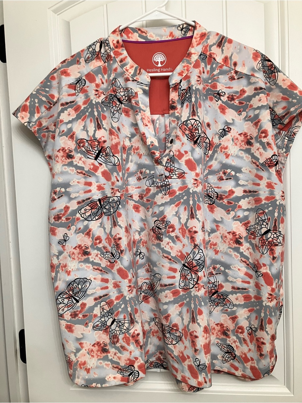 healing hands Coral, Gray & White Butterfly Print Women's Tunic Top